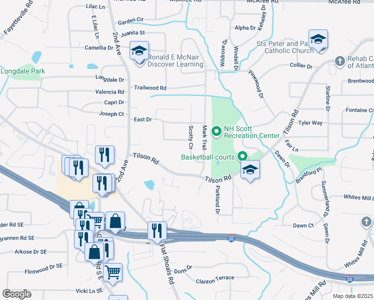 map of restaurants, bars, coffee shops, grocery stores, and more near 2321 Scotty Circle in Decatur