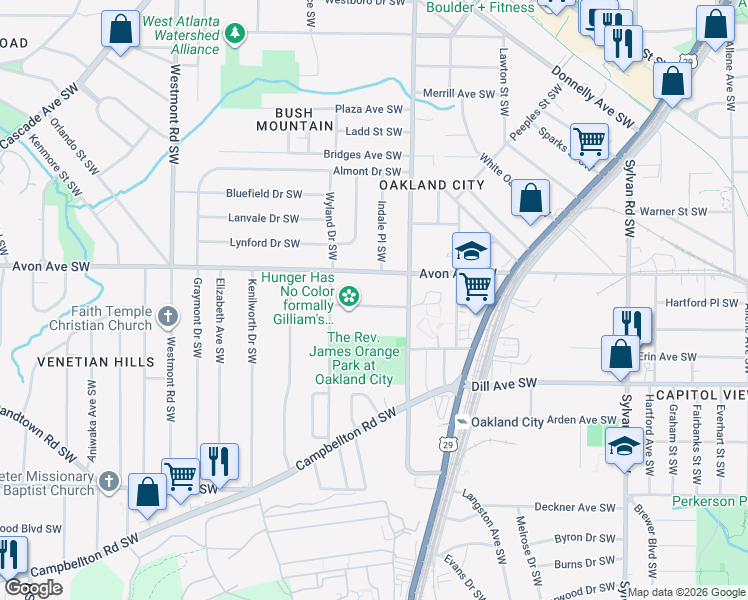 map of restaurants, bars, coffee shops, grocery stores, and more near 1251 Oakland Terrace Southwest in Atlanta