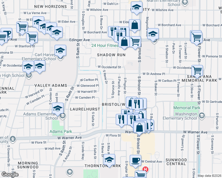 map of restaurants, bars, coffee shops, grocery stores, and more near 2042 South Spruce Street in Santa Ana