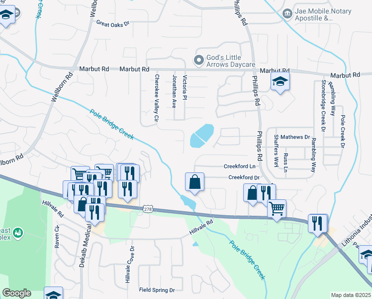 map of restaurants, bars, coffee shops, grocery stores, and more near 2339 Cherokee Valley Drive in Lithonia