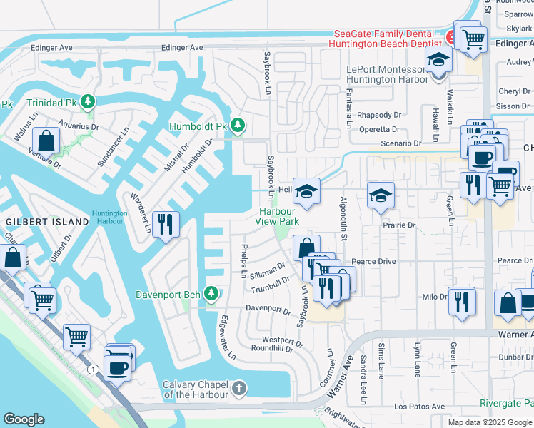map of restaurants, bars, coffee shops, grocery stores, and more near 4232 Morning Star Drive in Huntington Beach
