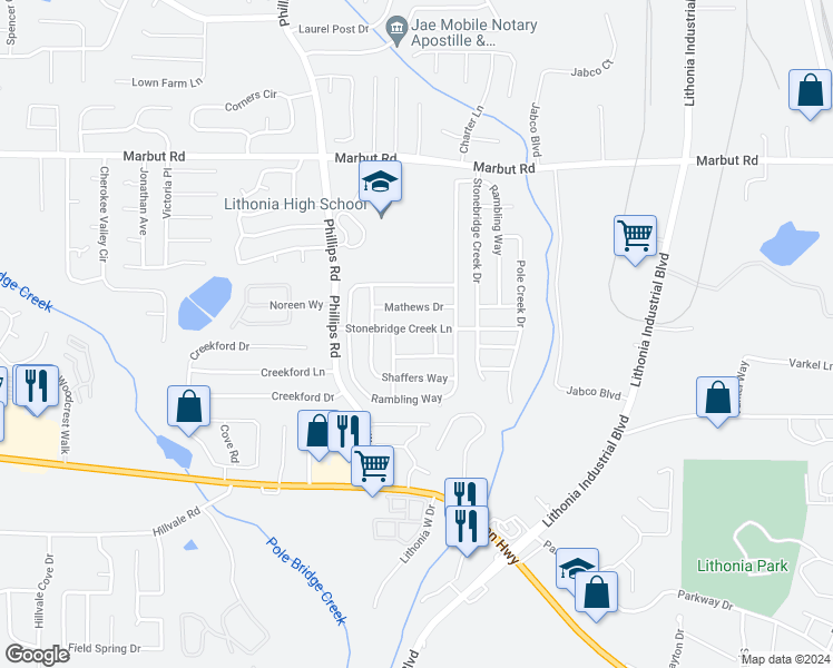 map of restaurants, bars, coffee shops, grocery stores, and more near 6371 Stonebridge Creek Lane in Lithonia
