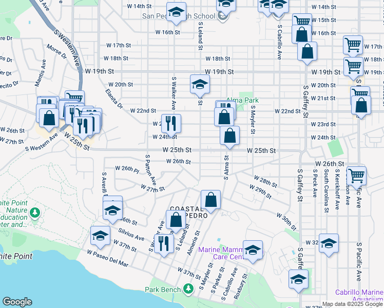 map of restaurants, bars, coffee shops, grocery stores, and more near 1121 West 25th Street in Los Angeles