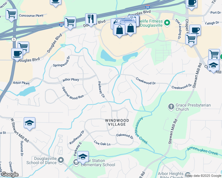 map of restaurants, bars, coffee shops, grocery stores, and more near 8605 Dogwood Court in Douglasville
