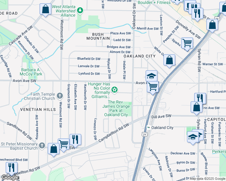 map of restaurants, bars, coffee shops, grocery stores, and more near 1291 Oakland Terrace Southwest in Atlanta