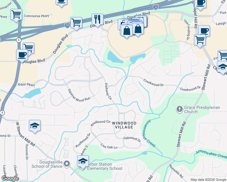 map of restaurants, bars, coffee shops, grocery stores, and more near 8604 Dogwood Court in Douglasville