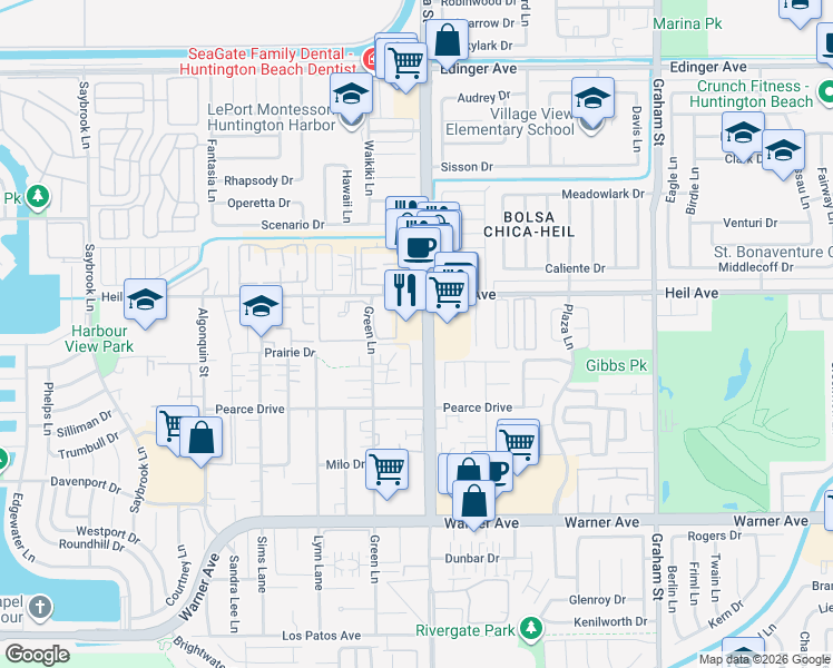 map of restaurants, bars, coffee shops, grocery stores, and more near 16561 Bolsa Chica Street in Huntington Beach