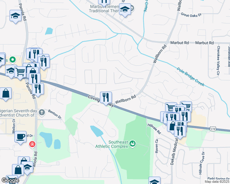 map of restaurants, bars, coffee shops, grocery stores, and more near 5771 Calle Vista Drive in Lithonia