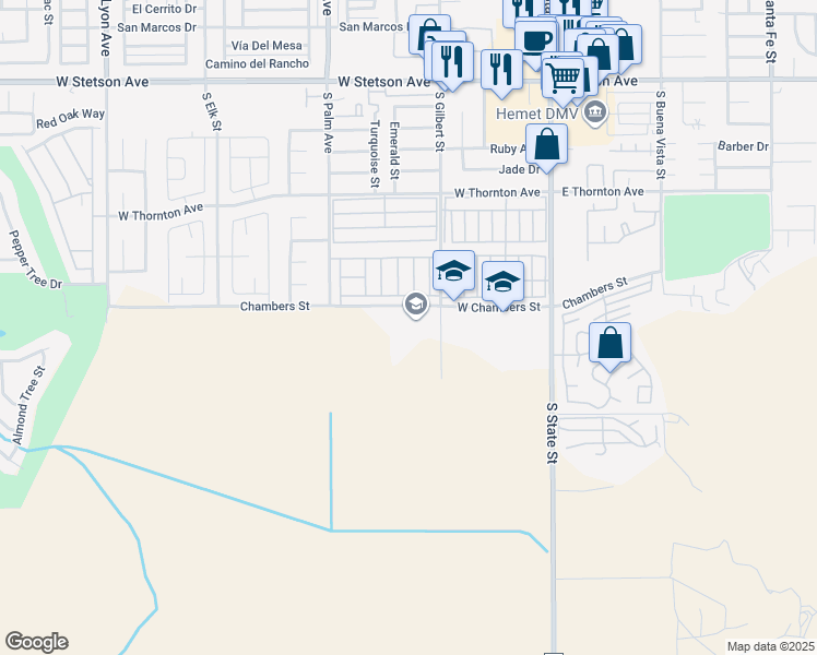 map of restaurants, bars, coffee shops, grocery stores, and more near 451 Chambers Street in Hemet
