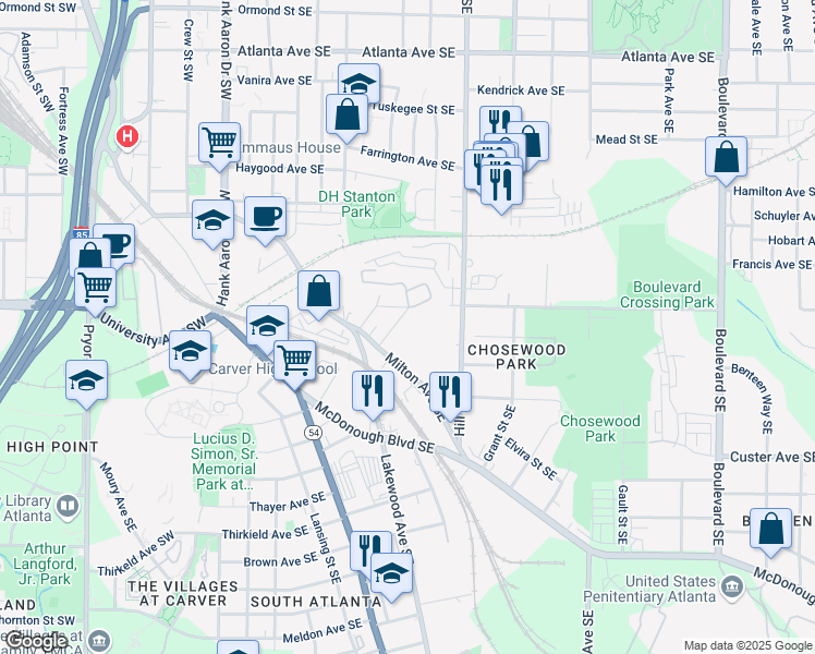 map of restaurants, bars, coffee shops, grocery stores, and more near 1214 Milton Terrace Southeast in Atlanta