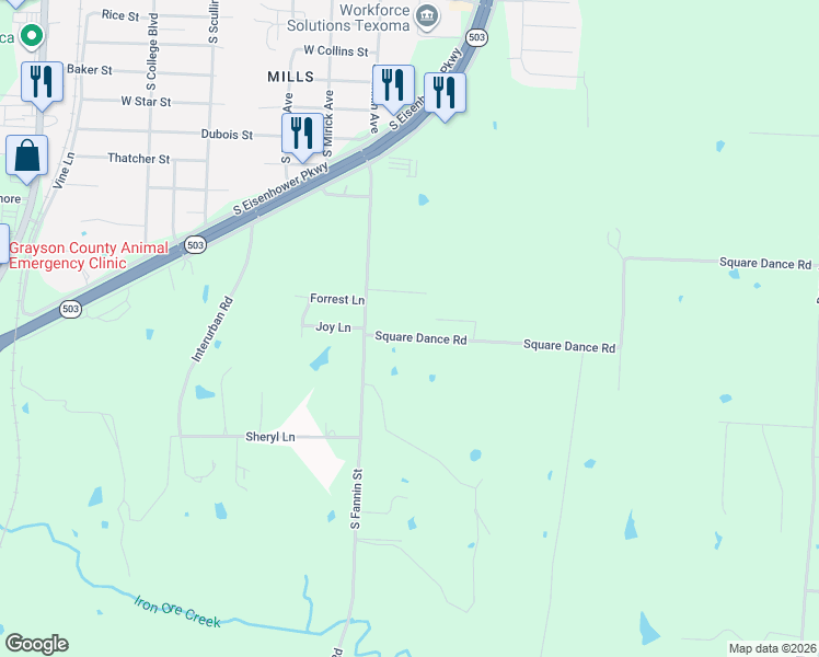 map of restaurants, bars, coffee shops, grocery stores, and more near 89 Square Dance Road in Denison