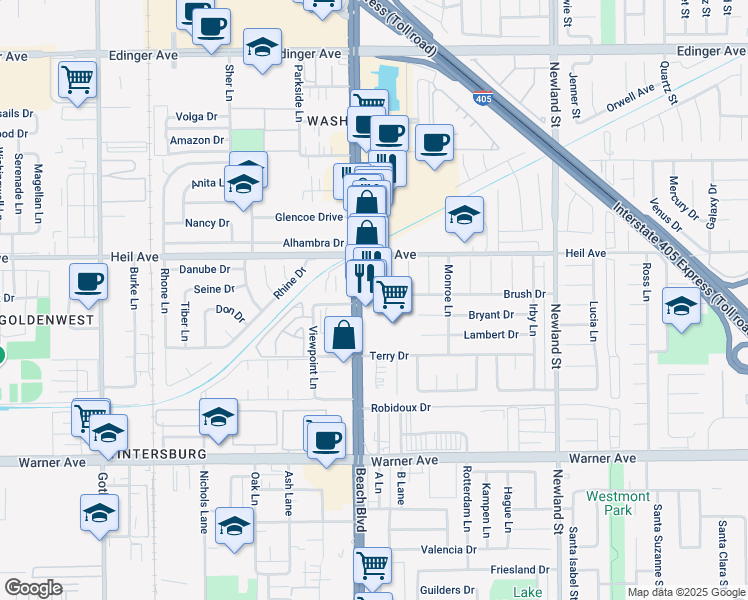 map of restaurants, bars, coffee shops, grocery stores, and more near 16612 Beach Boulevard in Huntington Beach