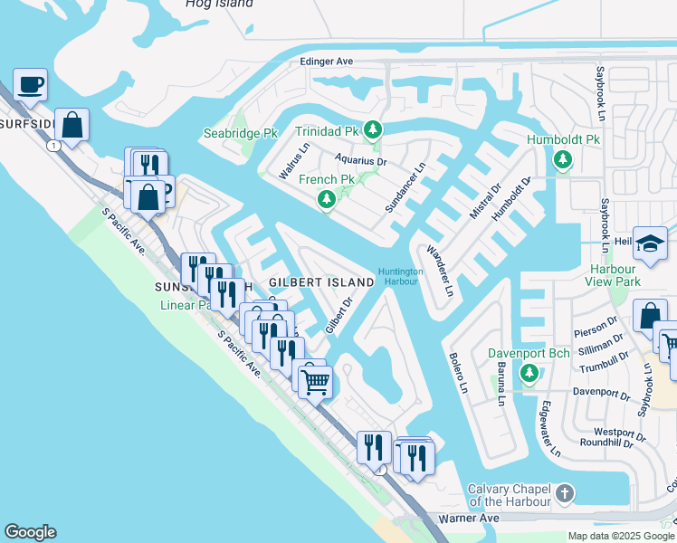 map of restaurants, bars, coffee shops, grocery stores, and more near 16602 Wellington Circle in Huntington Beach