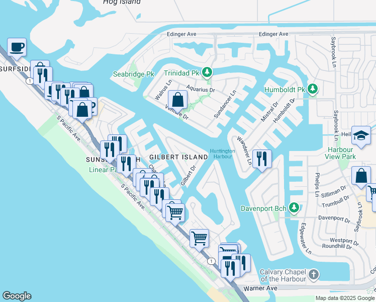 map of restaurants, bars, coffee shops, grocery stores, and more near 16602 Wellington Circle in Huntington Beach