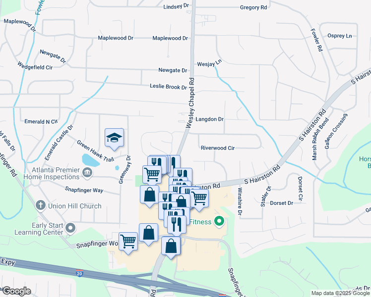 map of restaurants, bars, coffee shops, grocery stores, and more near 2304 Wesley Chapel Road in Decatur