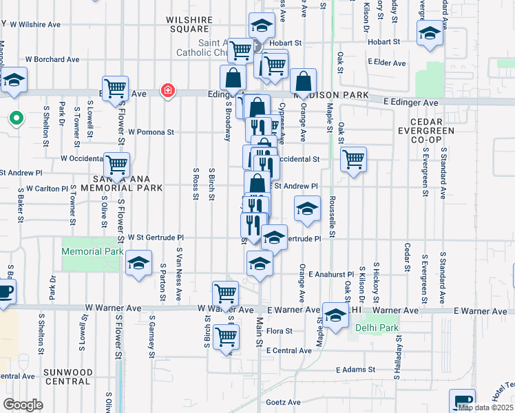 map of restaurants, bars, coffee shops, grocery stores, and more near 2030 South Main Street in Santa Ana