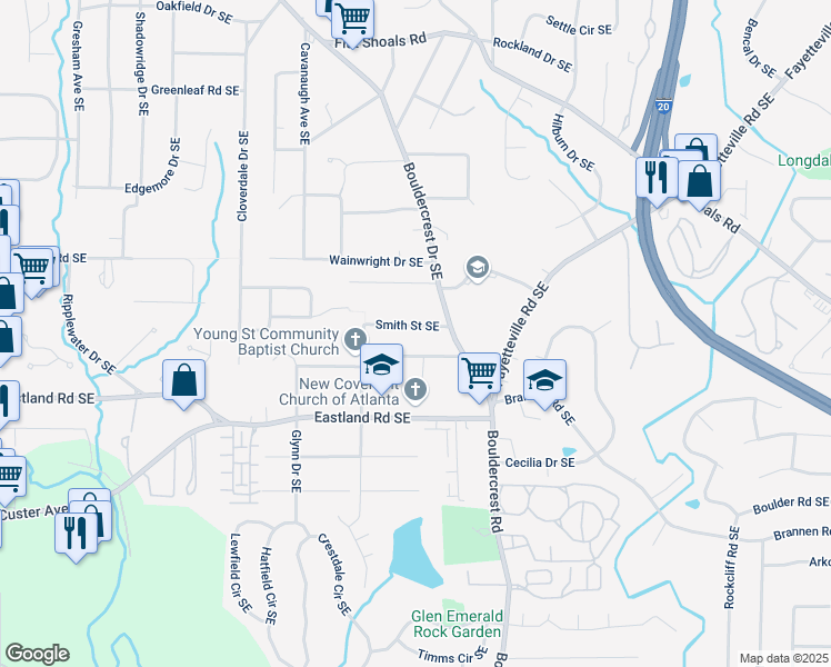 map of restaurants, bars, coffee shops, grocery stores, and more near 1405 Smith Street Southeast in Atlanta