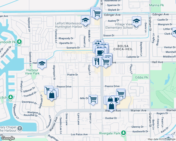 map of restaurants, bars, coffee shops, grocery stores, and more near 4861 Green Lane in Huntington Beach