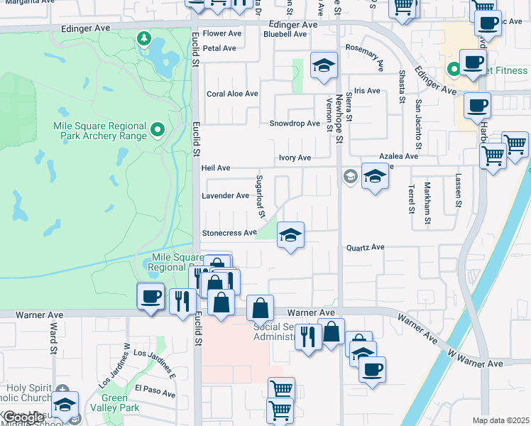map of restaurants, bars, coffee shops, grocery stores, and more near 16662 Sugarloaf Street in Fountain Valley