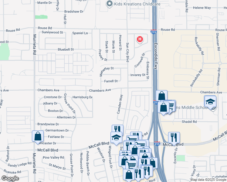 map of restaurants, bars, coffee shops, grocery stores, and more near 26653 Chambers Avenue in Menifee