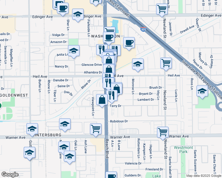 map of restaurants, bars, coffee shops, grocery stores, and more near 16612 Beach Boulevard in Huntington Beach