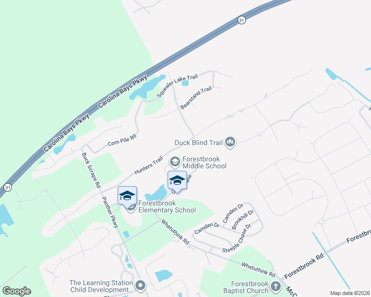 map of restaurants, bars, coffee shops, grocery stores, and more near 2455 Hunters Trail in Myrtle Beach