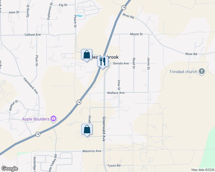 map of restaurants, bars, coffee shops, grocery stores, and more near 27440 Greenwald Avenue in Perris