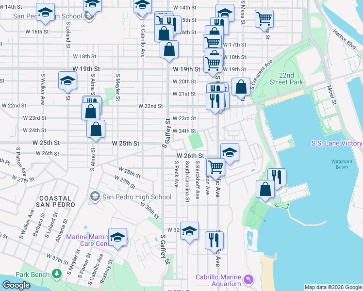 map of restaurants, bars, coffee shops, grocery stores, and more near 2421 South Carolina Street in Los Angeles