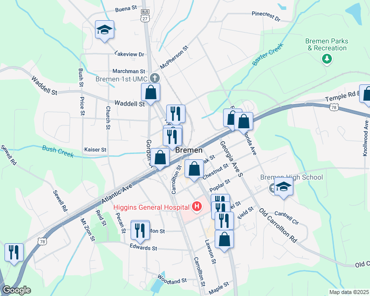 map of restaurants, bars, coffee shops, grocery stores, and more near 116 Hamilton Avenue in Bremen