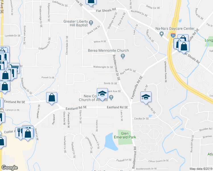 map of restaurants, bars, coffee shops, grocery stores, and more near 1405 Smith Street Southeast in Atlanta