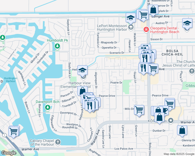 map of restaurants, bars, coffee shops, grocery stores, and more near 16618 Algonquin Street in Huntington Beach
