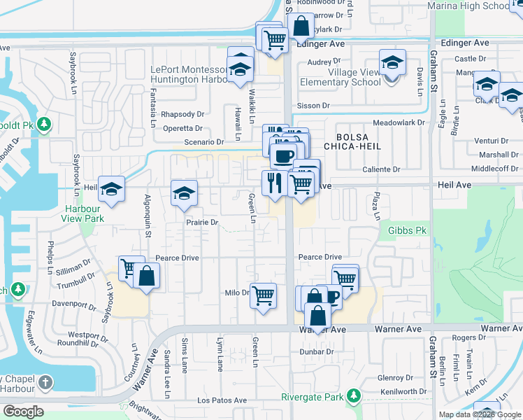 map of restaurants, bars, coffee shops, grocery stores, and more near 16581 Grunion Lane in Huntington Beach
