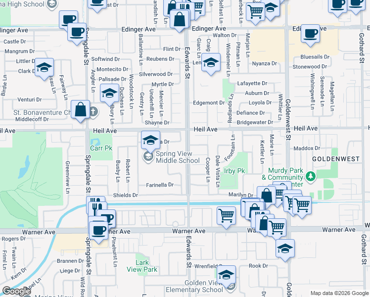 map of restaurants, bars, coffee shops, grocery stores, and more near 6471 Weber Circle in Huntington Beach