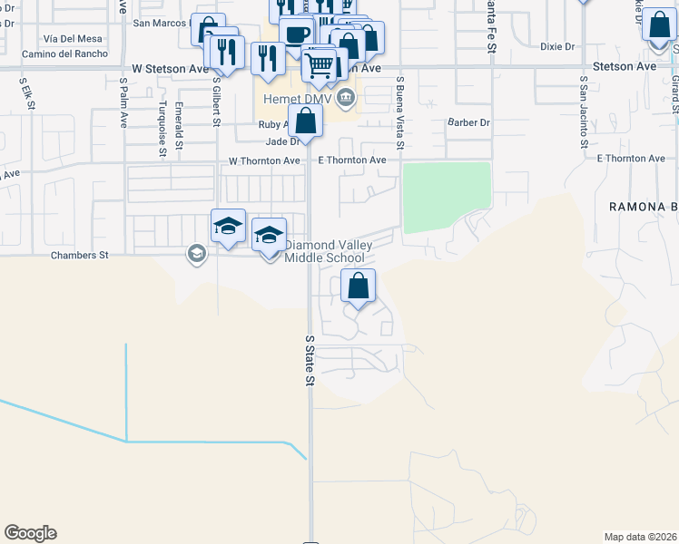 map of restaurants, bars, coffee shops, grocery stores, and more near 1536 South State Street in Hemet
