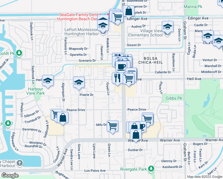 map of restaurants, bars, coffee shops, grocery stores, and more near 16581 Grunion Lane in Huntington Beach