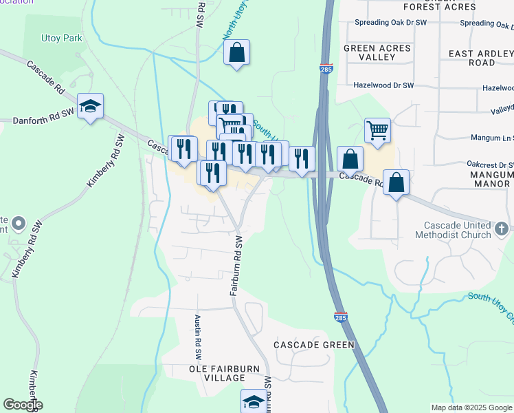 map of restaurants, bars, coffee shops, grocery stores, and more near 1212 Utoy Springs Road Southwest in Atlanta