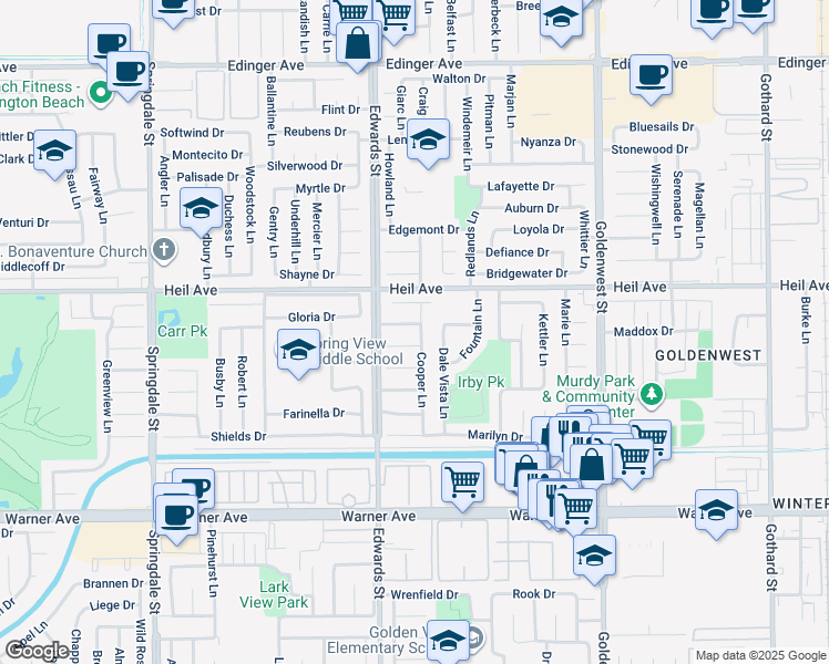 map of restaurants, bars, coffee shops, grocery stores, and more near 6582 Bishop Drive in Huntington Beach