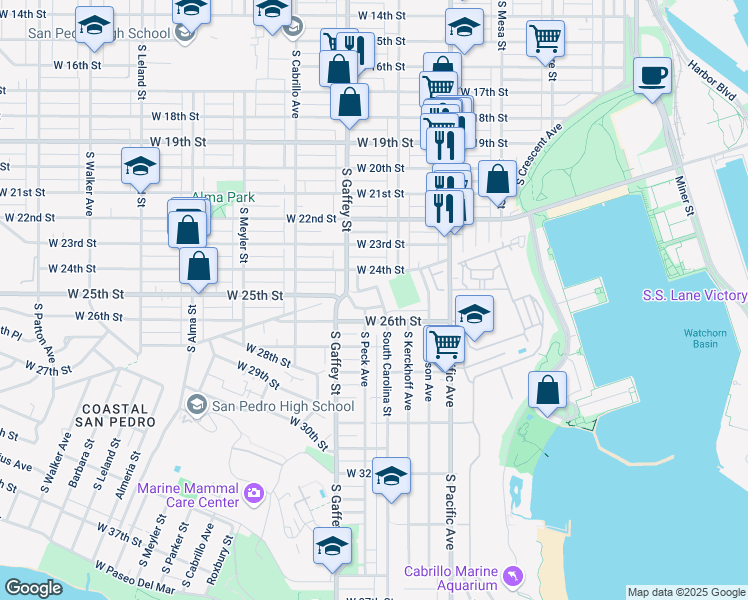 map of restaurants, bars, coffee shops, grocery stores, and more near 2421 South Carolina Street in Los Angeles