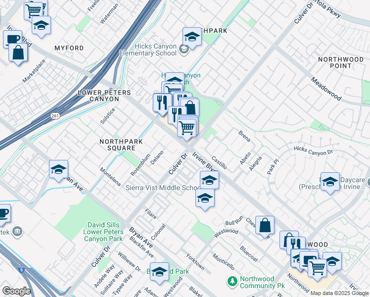 map of restaurants, bars, coffee shops, grocery stores, and more near in Irvine