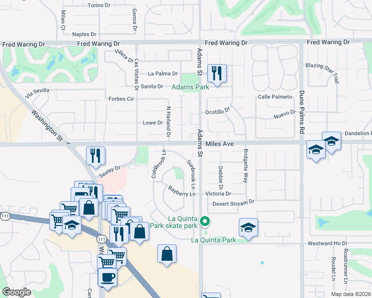 map of restaurants, bars, coffee shops, grocery stores, and more near 45060 Springbrook Court in La Quinta