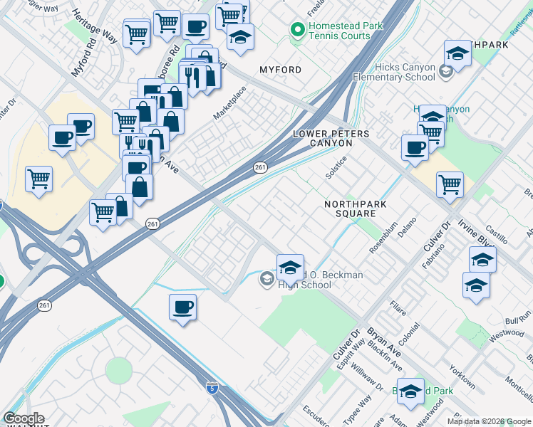 map of restaurants, bars, coffee shops, grocery stores, and more near 26 Whitford in Irvine