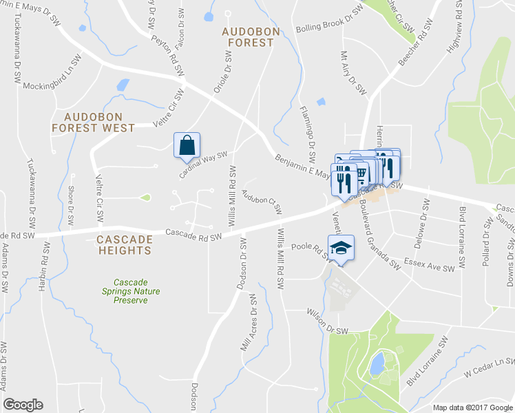 map of restaurants, bars, coffee shops, grocery stores, and more near 1351 Audubon Court Southwest in Atlanta