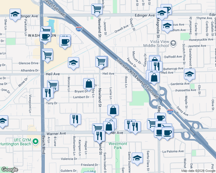 map of restaurants, bars, coffee shops, grocery stores, and more near 8561 Judy Circle in Huntington Beach