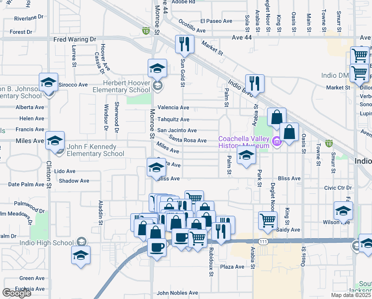 map of restaurants, bars, coffee shops, grocery stores, and more near 82216 Miles Avenue in Indio