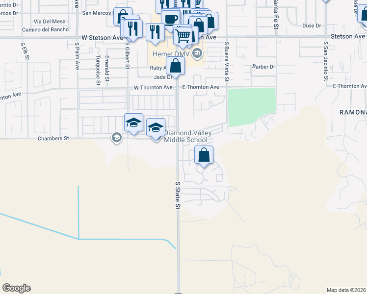 map of restaurants, bars, coffee shops, grocery stores, and more near 1499 South State Street in Hemet