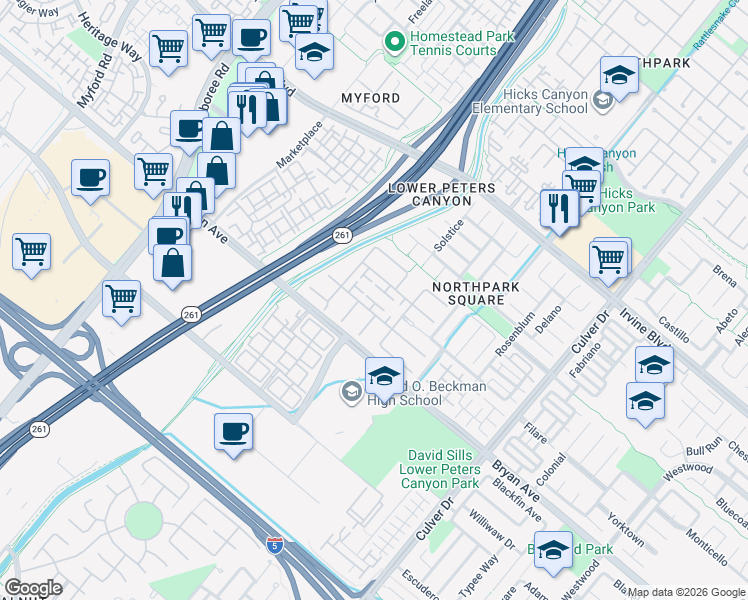 map of restaurants, bars, coffee shops, grocery stores, and more near 15 Zuma in Irvine