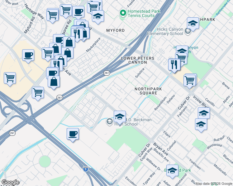 map of restaurants, bars, coffee shops, grocery stores, and more near 16 Evensen in Irvine