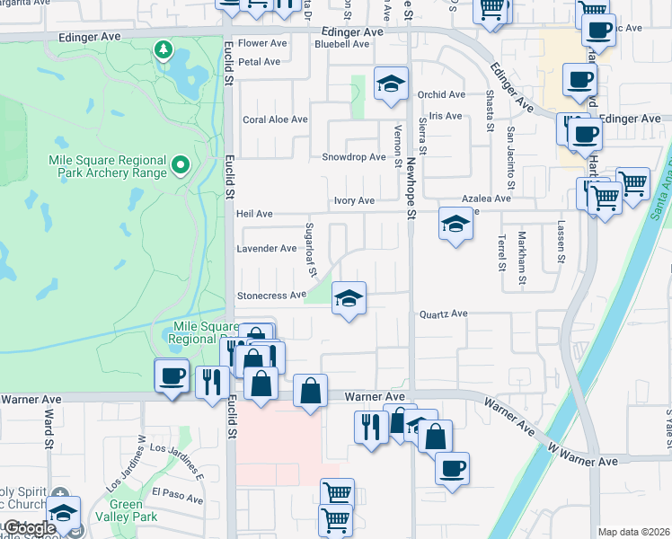 map of restaurants, bars, coffee shops, grocery stores, and more near 16644 Coriender Avenue in Fountain Valley