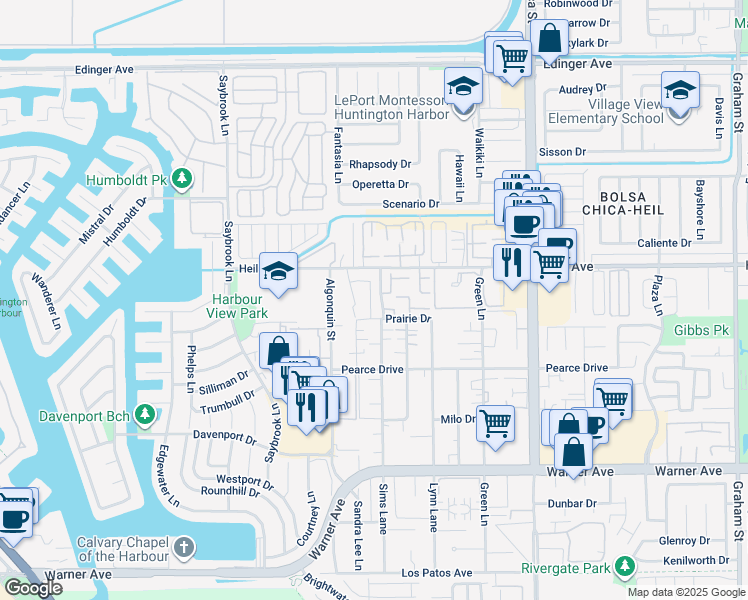 map of restaurants, bars, coffee shops, grocery stores, and more near in Huntington Beach