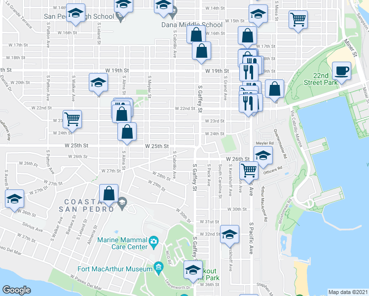 map of restaurants, bars, coffee shops, grocery stores, and more near 791 West 25th Street in Los Angeles